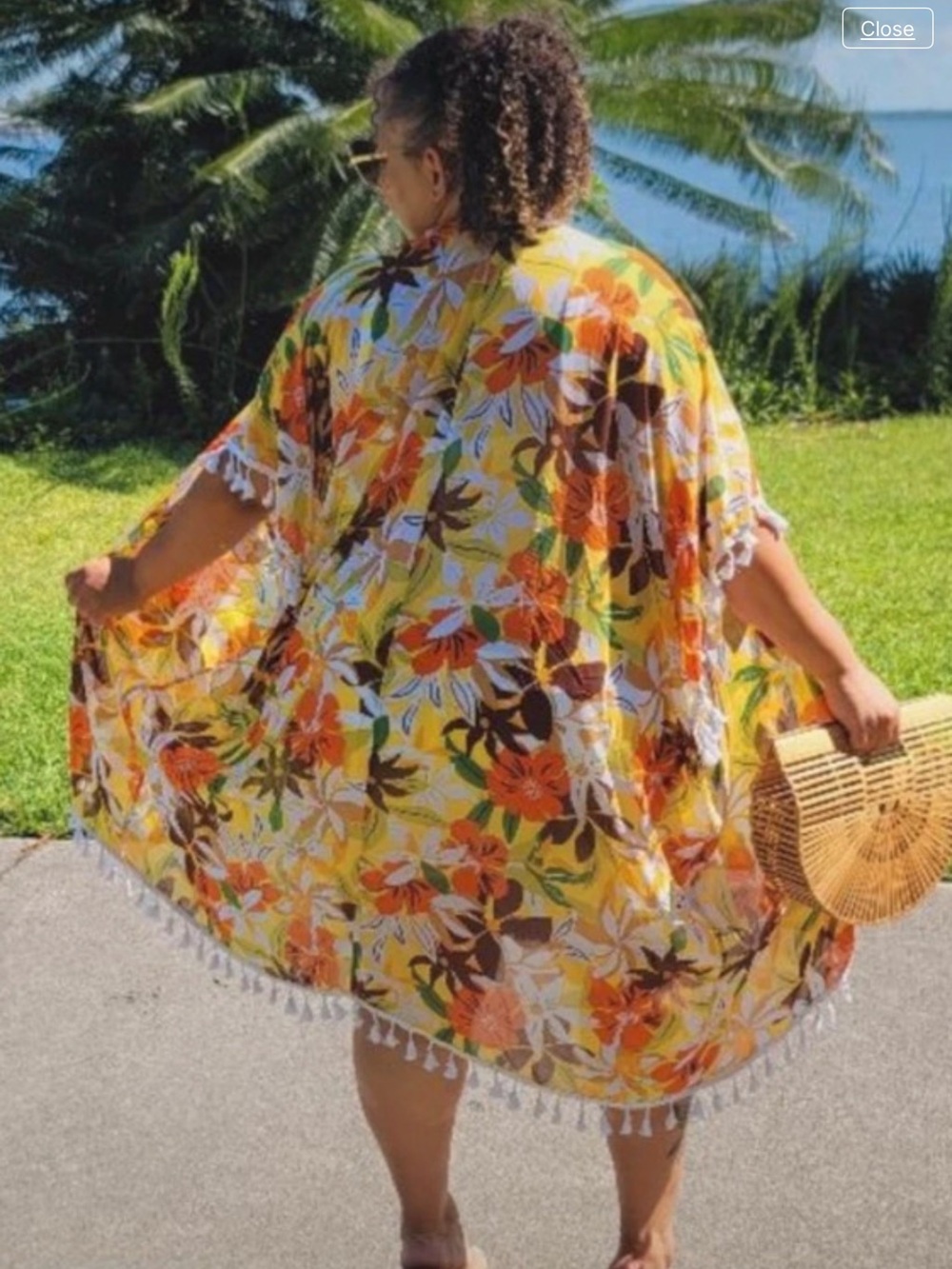 Tropical Floral Kimono Cover-Up with Tassels - Yellow & Orange L
